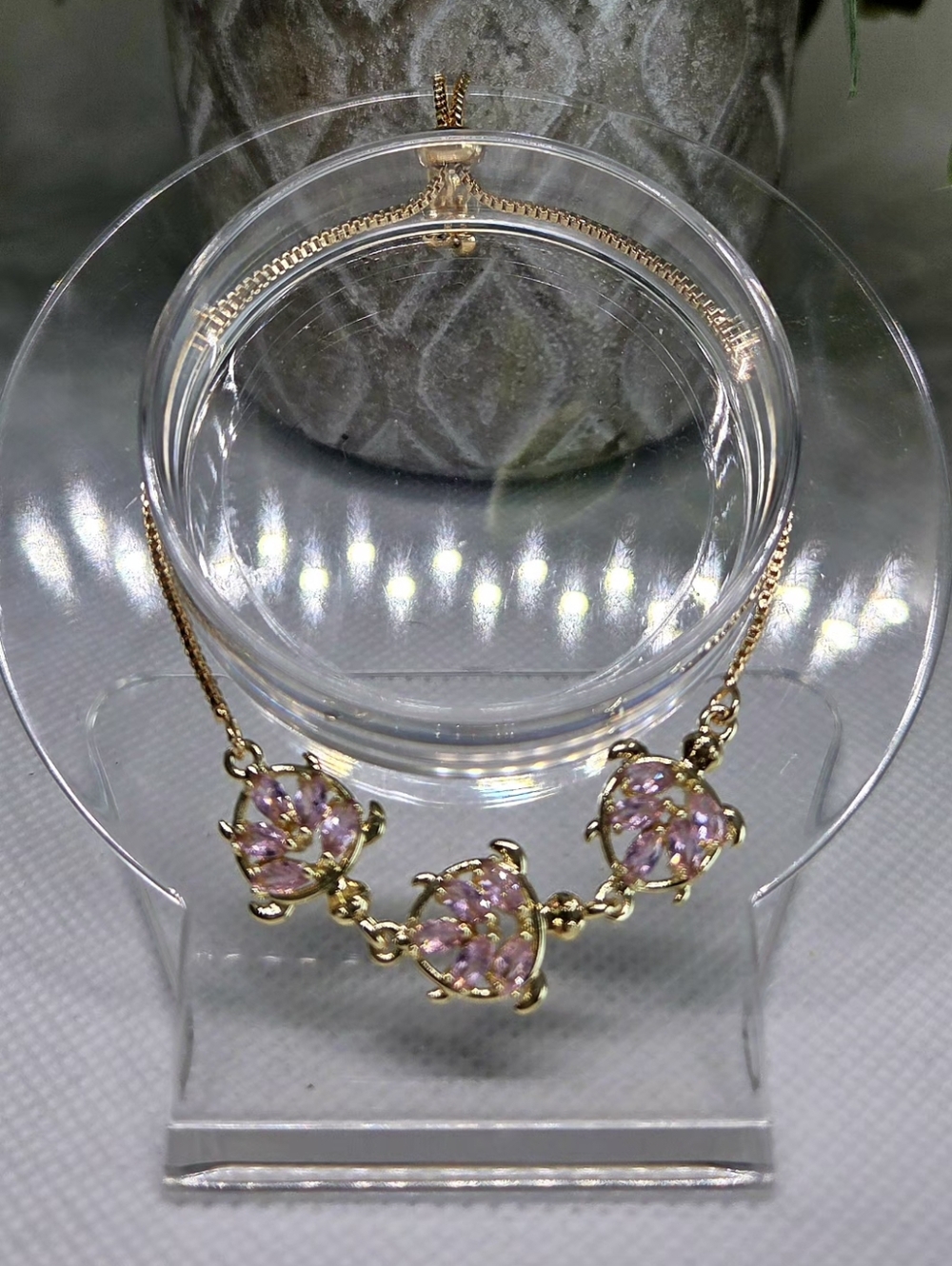 Gold Tone Turtle Family Bracelet with Pink CZ - Adjustable